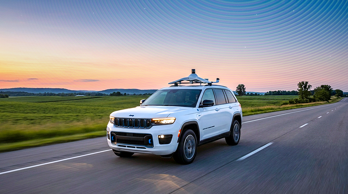Data collection vehicle with roof-mounted perception sensors driving on a country road, illustrating autonomous driving and mapping technology.
