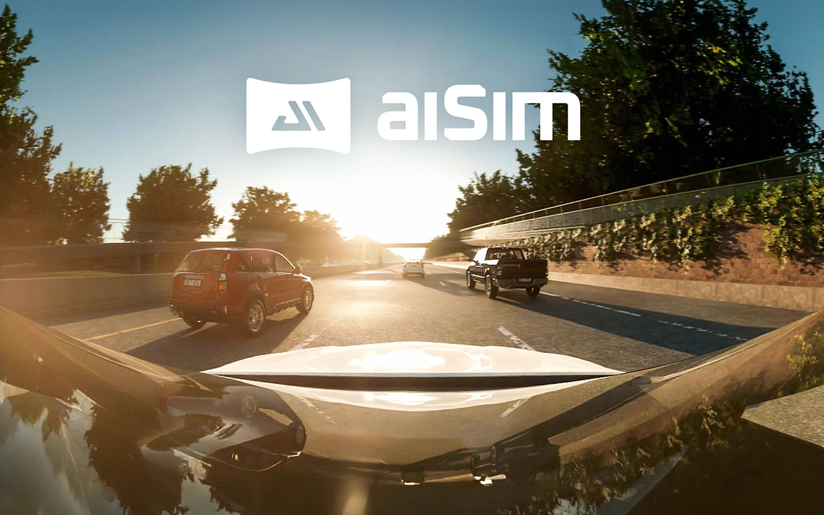 aiSim autonomous driving simulation environment showing highway traffic from a vehicle perspective at sunset