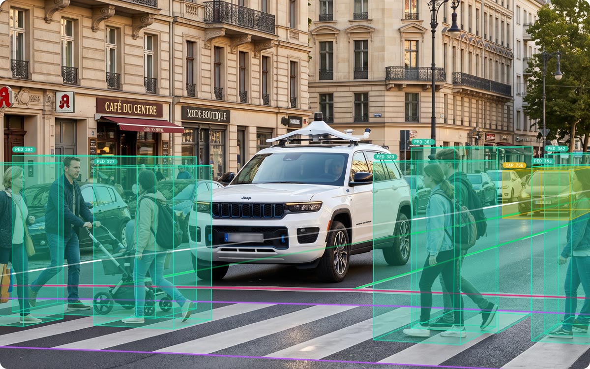 Self-driving vehicle navigating an urban street as computer vision technology identifies pedestrians and nearby traffic in real time.