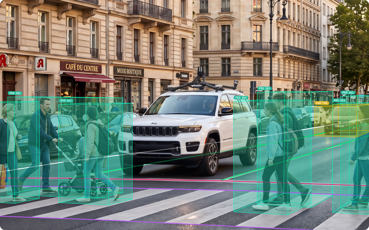 Self-driving vehicle navigating an urban street as computer vision technology identifies pedestrians and nearby traffic in real time.