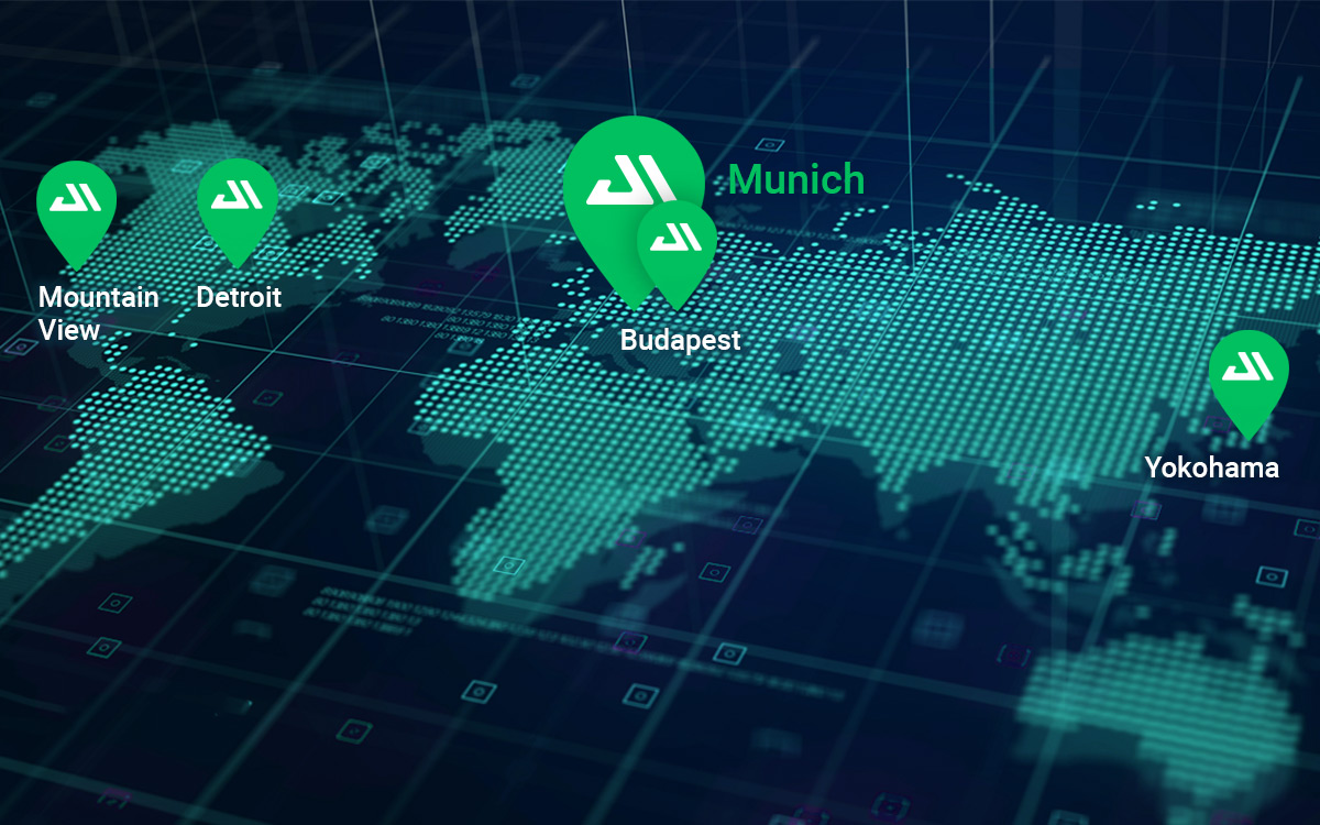 Map showing aiMotive's sales satellite offices – illustration for the recent opening of the Munich office