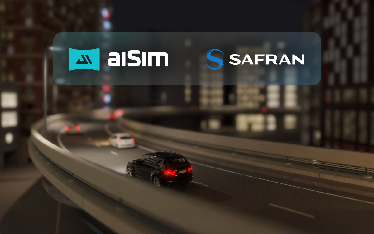 aiSim and Safran logos on an image of a simulator scene