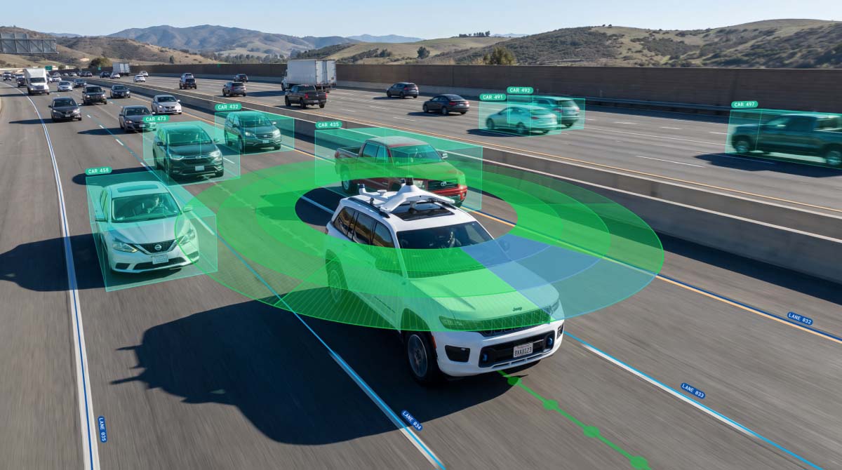 Autonomous test vehicle driving on a highway with sensor coverage visualization and detected surrounding traffic objects.