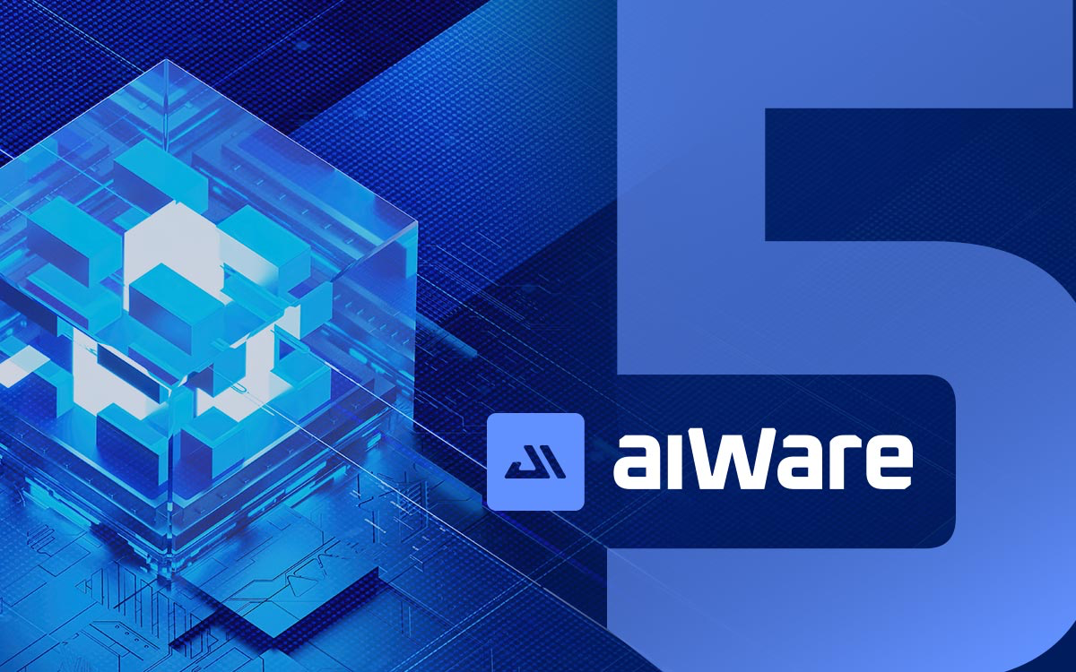 Stylized illustration of a blue AI chip cube representing aiWare5 NPU, with aiMotive aiWare logo on a futuristic circuit board background.