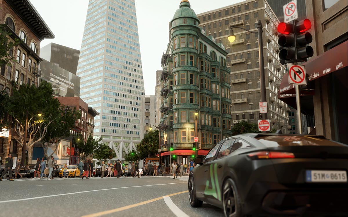 Urban street intersection with pedestrians and traffic; a distinctive green corner building is centered among tall office towers, with a dark car waiting at a red light in the foreground and traffic signs visible.