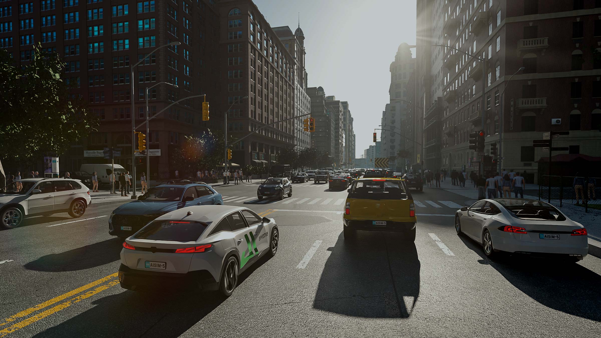 A cityscape with lots of vehicles, buildings and pedestrians in the aiSim simulator.